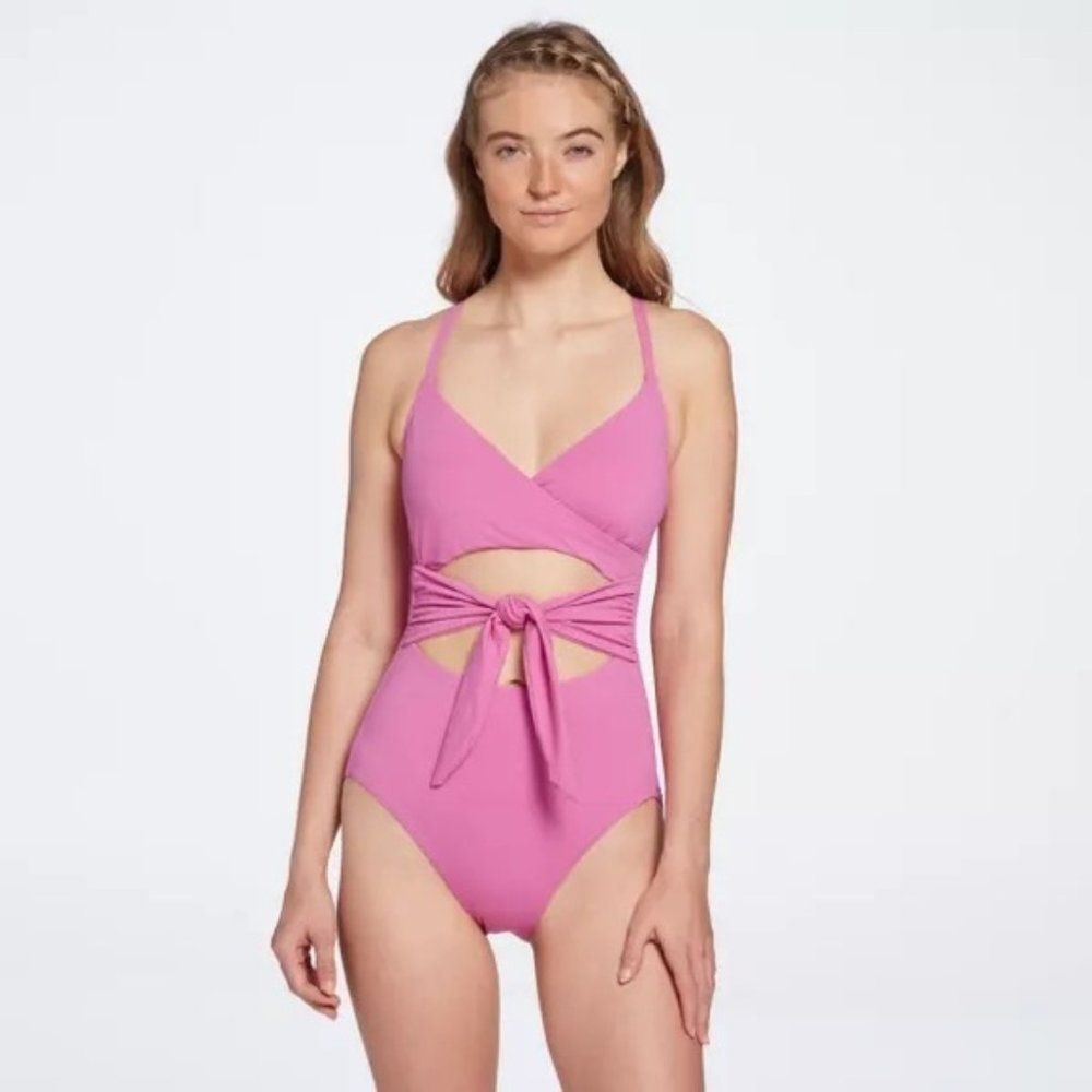 CALIA Women's Tie Front One Piece Swimsuit Pink Geranium Purple 14 NWT Barbie